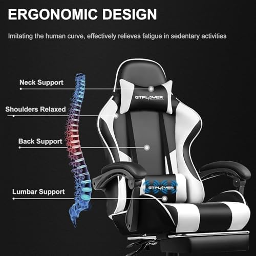 GTPLAYER Gaming Chair  Computer Chair with Footrest and Lumbar Support  Height Adjustable Game Chair with 360  Swivel Seat and Headrest and for Office or Gaming  Faux Leather  Black 