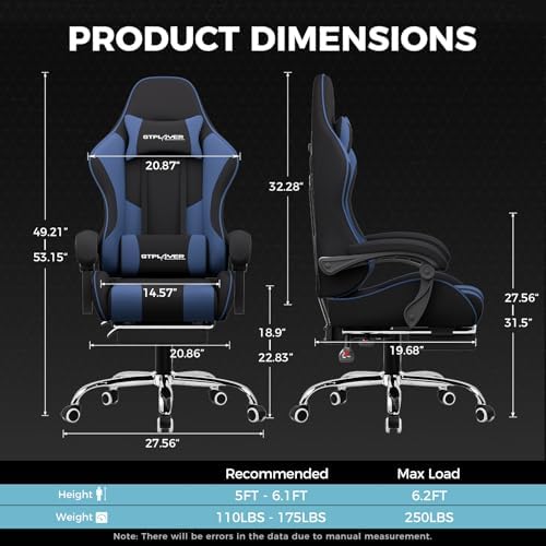 GTPLAYER Gaming Chair  Computer Chair with Footrest and Lumbar Support  Height Adjustable Game Chair with 360  Swivel Seat and Headrest and for Office or Gaming  Faux Leather  Black 