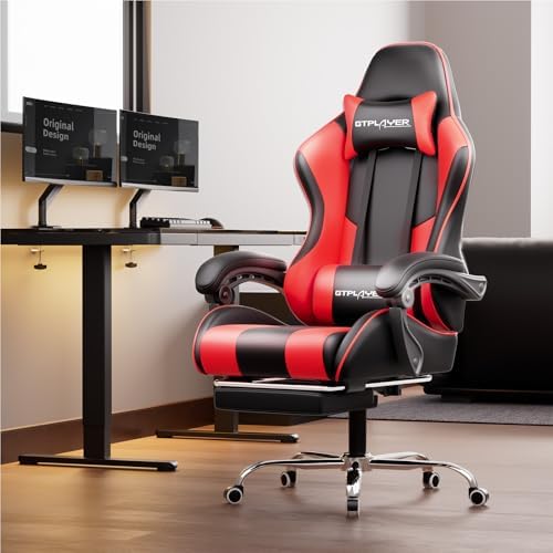 GTPLAYER Gaming Chair  Computer Chair with Footrest and Lumbar Support  Height Adjustable Game Chair with 360  Swivel Seat and Headrest and for Office or Gaming  Faux Leather  Black 