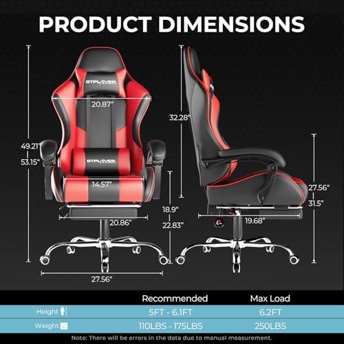 GTPLAYER Gaming Chair  Computer Chair with Footrest and Lumbar Support  Height Adjustable Game Chair with 360  Swivel Seat and Headrest and for Office or Gaming  Faux Leather  Black 