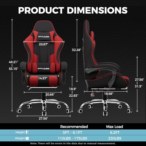 GTPLAYER Gaming Chair  Computer Chair with Footrest and Lumbar Support  Height Adjustable Game Chair with 360  Swivel Seat and Headrest and for Office or Gaming  Faux Leather  Black 