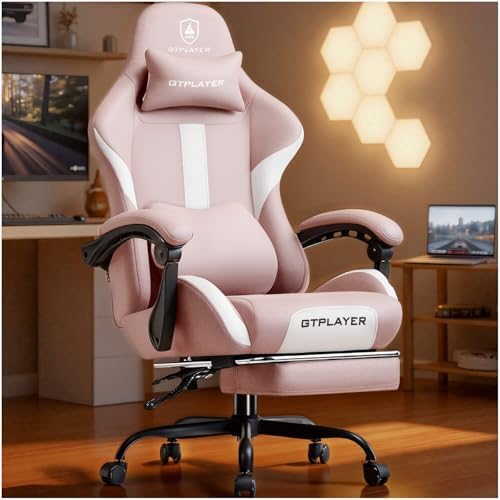 GTPLAYER Gaming Chair with Foot Rest & Pocket Spring Cushion  Ergonomic High Back Computer Desk Chair with Headrest & Lumbar Support for Back Pain Relief  Breathable Fabric  Mist Blue