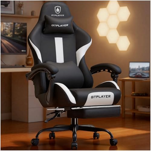 GTPLAYER Gaming Chair with Foot Rest & Pocket Spring Cushion  Ergonomic High Back Computer Desk Chair with Headrest & Lumbar Support for Back Pain Relief  Breathable Fabric  Mist Blue