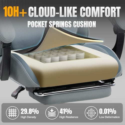 GTPLAYER Gaming Chair with Foot Rest & Pocket Spring Cushion  Ergonomic High Back Computer Desk Chair with Headrest & Lumbar Support for Back Pain Relief  Breathable Fabric  Mist Blue