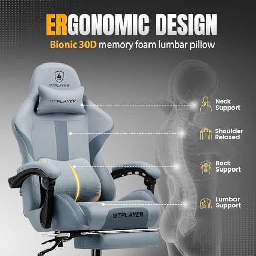 GTPLAYER Gaming Chair with Foot Rest & Pocket Spring Cushion  Ergonomic High Back Computer Desk Chair with Headrest & Lumbar Support for Back Pain Relief  Breathable Fabric  Mist Blue