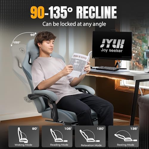 GTPLAYER Gaming Chair with Foot Rest & Pocket Spring Cushion  Ergonomic High Back Computer Desk Chair with Headrest & Lumbar Support for Back Pain Relief  Breathable Fabric  Mist Blue