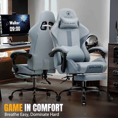 GTPLAYER Gaming Chair with Foot Rest & Pocket Spring Cushion  Ergonomic High Back Computer Desk Chair with Headrest & Lumbar Support for Back Pain Relief  Breathable Fabric  Mist Blue