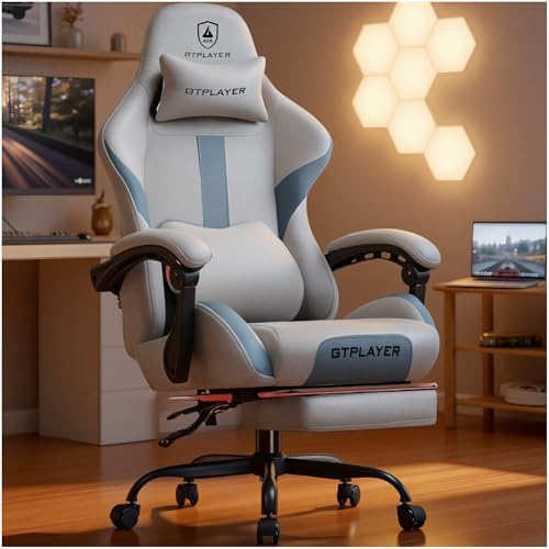 GTPLAYER Gaming Chair with Foot Rest & Pocket Spring Cushion  Ergonomic High Back Computer Desk Chair with Headrest & Lumbar Support for Back Pain Relief  Breathable Fabric  Mist Blue