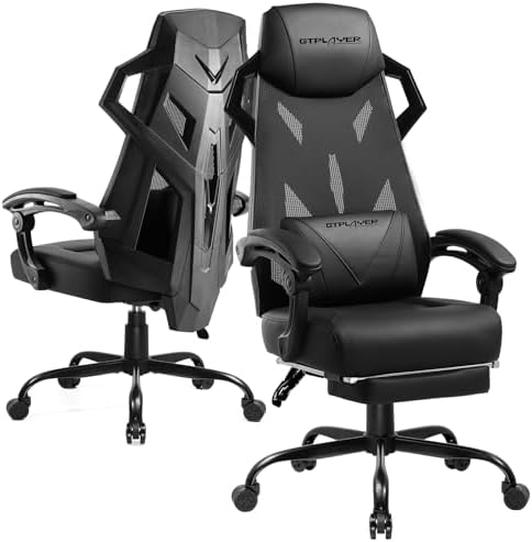 GTPLAYER Gaming Chair  Computer Chair with Mesh Back  Ergonomic Gaming Chair with Footrest  Reclining Gamer Chair with Adjustable Headrest and Lumbar Support for Gaming and Office  Black