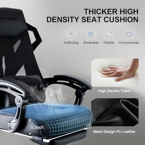 GTPLAYER Gaming Chair  Computer Chair with Mesh Back  Ergonomic Gaming Chair with Footrest  Reclining Gamer Chair with Adjustable Headrest and Lumbar Support for Gaming and Office  Black