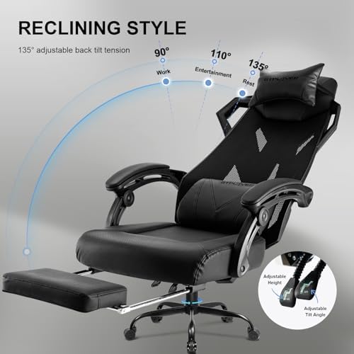 GTPLAYER Gaming Chair  Computer Chair with Mesh Back  Ergonomic Gaming Chair with Footrest  Reclining Gamer Chair with Adjustable Headrest and Lumbar Support for Gaming and Office  Black