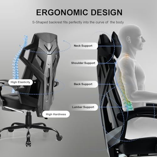 GTPLAYER Gaming Chair  Computer Chair with Mesh Back  Ergonomic Gaming Chair with Footrest  Reclining Gamer Chair with Adjustable Headrest and Lumbar Support for Gaming and Office  Black