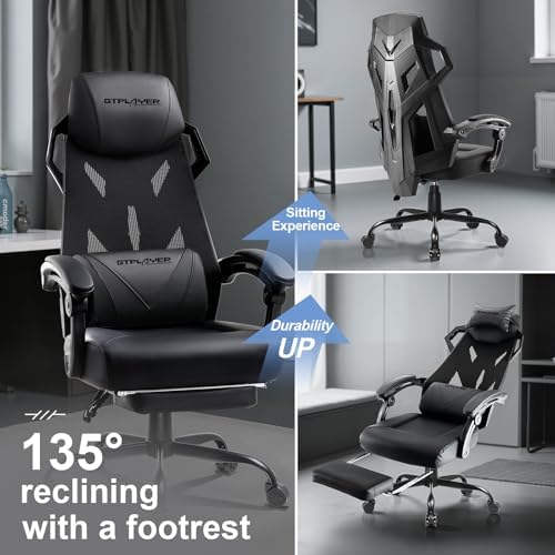 GTPLAYER Gaming Chair  Computer Chair with Mesh Back  Ergonomic Gaming Chair with Footrest  Reclining Gamer Chair with Adjustable Headrest and Lumbar Support for Gaming and Office  Black