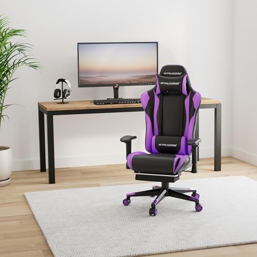 GTRACING Gaming Chair with Footrest  Ergonomic Computer Game Desk Chair  Reclining Gamer Chair Seat Height Adjustment  Swivel Rocker with Headrest and Lumbar  Purple