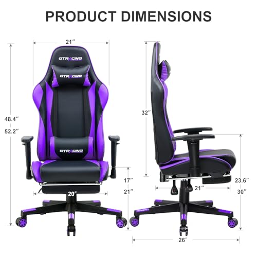 GTRACING Gaming Chair with Footrest  Ergonomic Computer Game Desk Chair  Reclining Gamer Chair Seat Height Adjustment  Swivel Rocker with Headrest and Lumbar  Purple