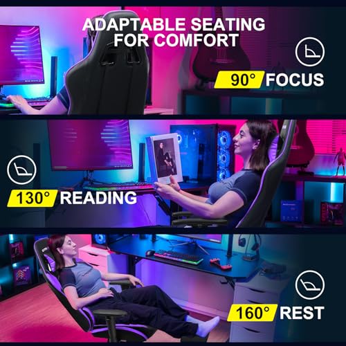 GTRACING Gaming Chair with Footrest  Ergonomic Computer Game Desk Chair  Reclining Gamer Chair Seat Height Adjustment  Swivel Rocker with Headrest and Lumbar  Purple