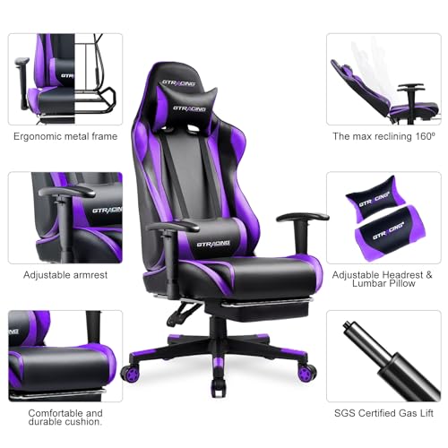 GTRACING Gaming Chair with Footrest  Ergonomic Computer Game Desk Chair  Reclining Gamer Chair Seat Height Adjustment  Swivel Rocker with Headrest and Lumbar  Purple