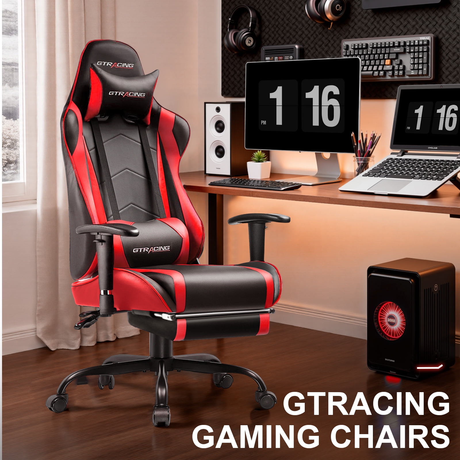 GTRACING Gaming Chair  Ergonomic Office Desk Chair with Lumbar Support  PU Leather  Footrest & Adjustable Headrest  Red