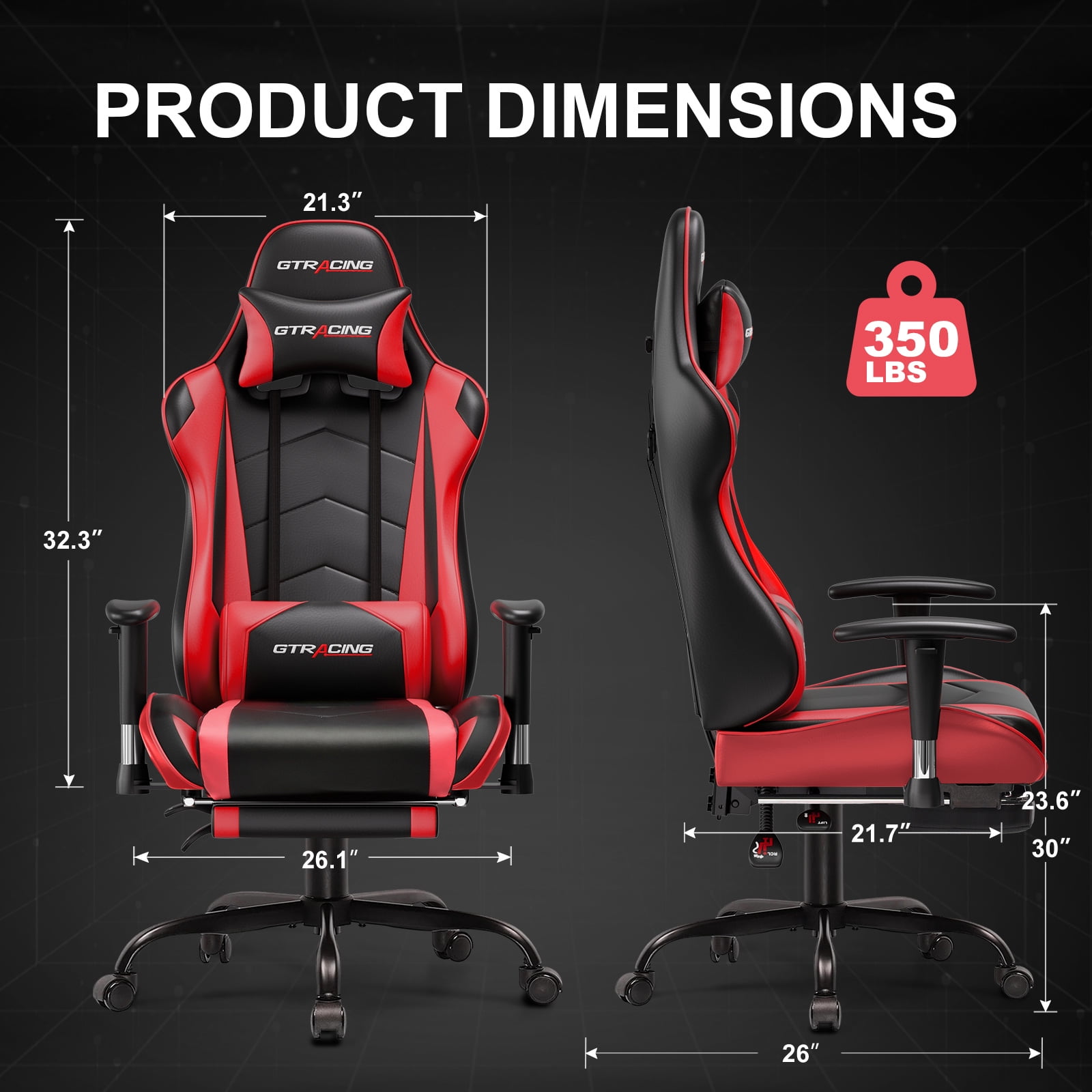GTRACING Gaming Chair  Ergonomic Office Desk Chair with Lumbar Support  PU Leather  Footrest & Adjustable Headrest  Red