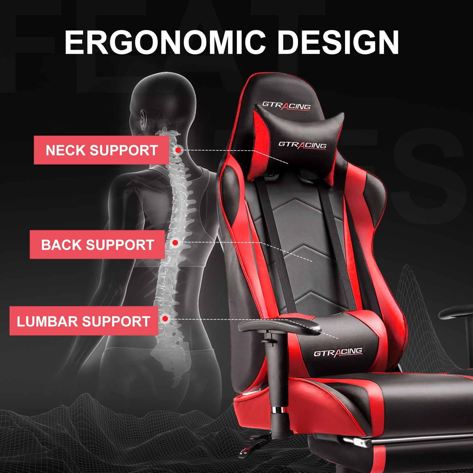 GTRACING Gaming Chair  Ergonomic Office Desk Chair with Lumbar Support  PU Leather  Footrest & Adjustable Headrest  Red