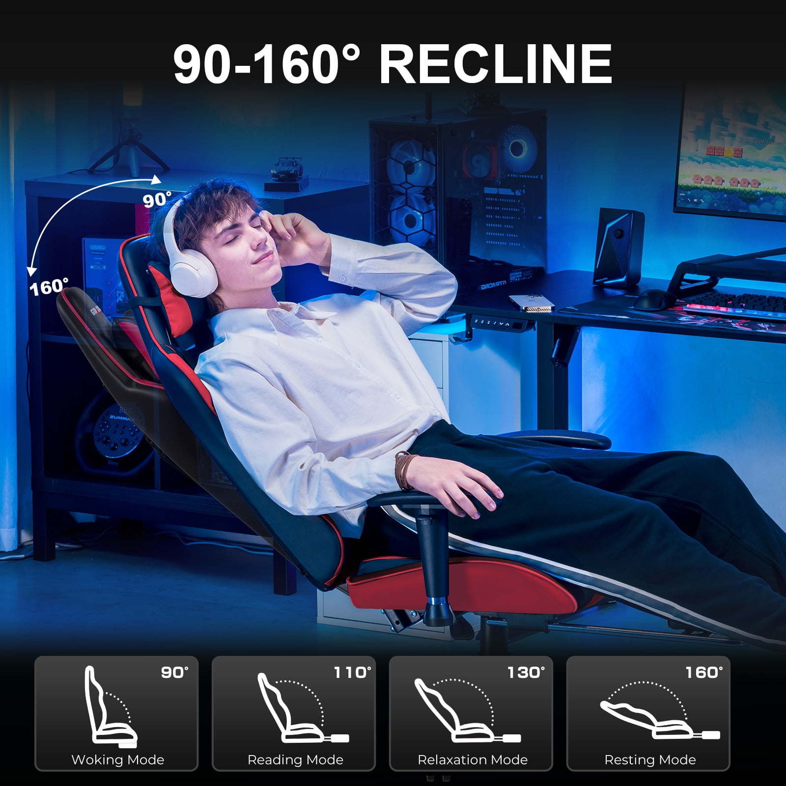 GTRACING Gaming Chair  Ergonomic Office Desk Chair with Lumbar Support  PU Leather  Footrest & Adjustable Headrest  Red