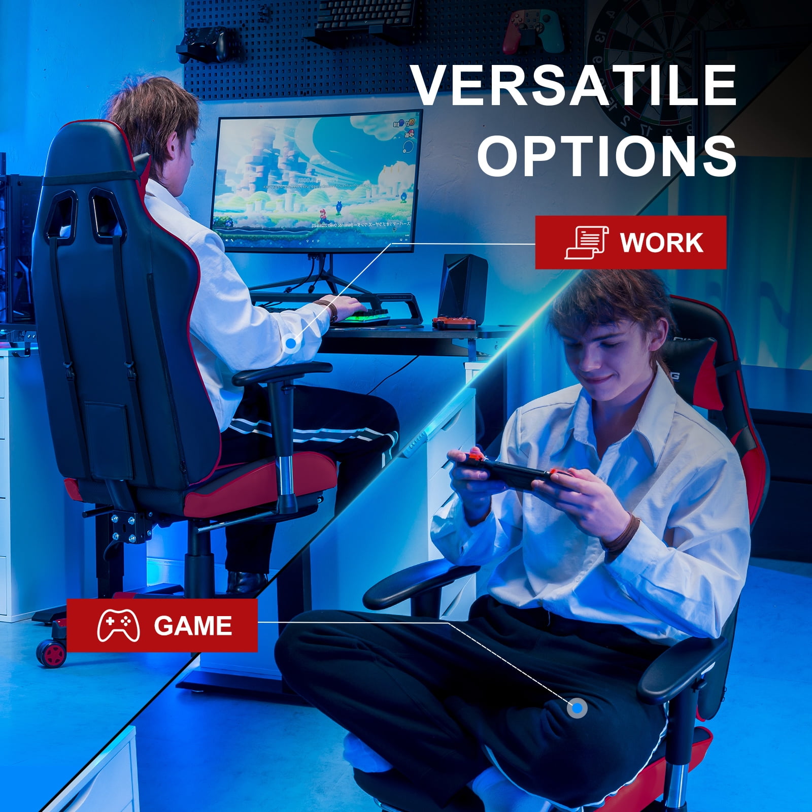 GTRACING Gaming Chair  Ergonomic Office Desk Chair with Lumbar Support  PU Leather  Footrest & Adjustable Headrest  Red