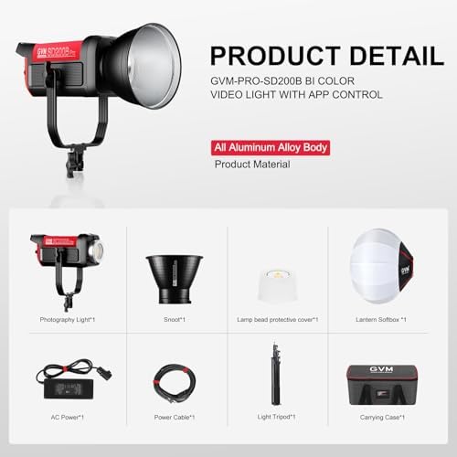 GVM 200W LED Video Light with Lantern Softbox  SD200B Continuous Lighting Kit with Bluetooth Mesh Network/DMX Control  2700K 6800K Studio Light Photography Lighting Kit  45400lux/1m  12 Scene Effects