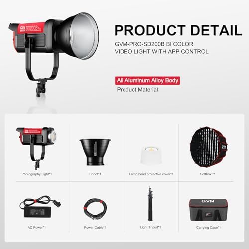 GVM 200W LED Video Light with Softbox  SD200B Photography Lighting Kit with Bluetooth Mesh Network/DMX Control  2700K 6800K Studio Light Continuous Lighting Kit  45400lux/1m  12 Scene Effects