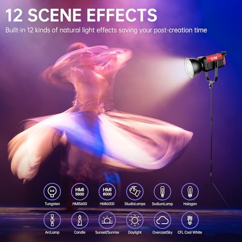 GVM 300C RGB Video Light  300W Studio Light 2000K 10000K 48 200 Lux  1m with Reflector Photography Lighting with Bowens Mount & DMX Control  Studio Light for Film Recording 16 Lighting Effects