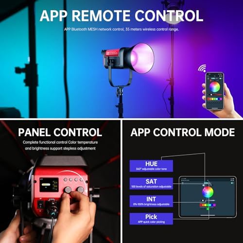 GVM 300C RGB Video Light  300W Studio Light 2000K 10000K 48 200 Lux  1m with Reflector Photography Lighting with Bowens Mount & DMX Control  Studio Light for Film Recording 16 Lighting Effects
