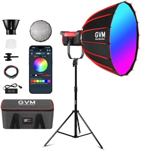 GVM RGB 300W Video Light Kit with Parabolic Softbox and Stand  Photography Lighting for Camera Studio Recording with Bowen Mount  COB Film Light with APP&DMX  Aluminum Alloy  2000 10000K  CRI 97 