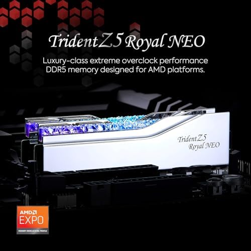G SKILL Trident Z5 Royal Neo Series DDR5 RAM  AMD EXPO  64GB  2x32GB  6000MT/s CL30 36 36 96 1 40V Desktop Computer Memory U DIMM   Silver  F5 6000J3036G32GX2 TR5NS 