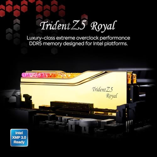 G SKILL Trident Z5 Royal Series DDR5 RAM  Intel XMP 3 0  32GB  2x16GB  6400MT/s CL30 39 39 102 1 40V Desktop Computer Memory U DIMM   Gold  F5 6400J3039G16GX2 TR5G 