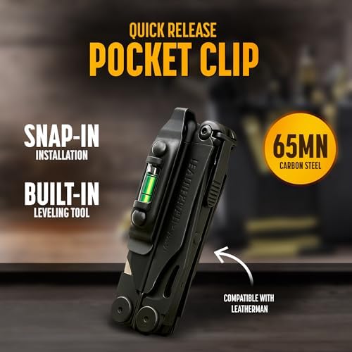 Galvanox Pocket Clip for Leatherman with Built in Level and Quick Release Lanyard Ring  Fits Charge/Wave/Surge Multitool Models and more  Durable Carbon Steel  Black