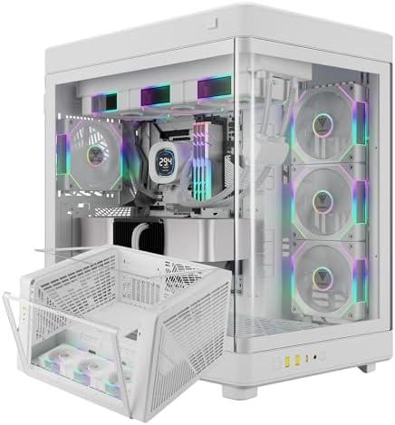 Gamdias Caja de Computadora RGB de Vidrio Templado Blanco para Juegos, Posición Vertical y Horizontal de 2 Maneras y Caja de Computadora de Apertura Táctil con 3 Ventiladores ARGB Integrados, Soporte