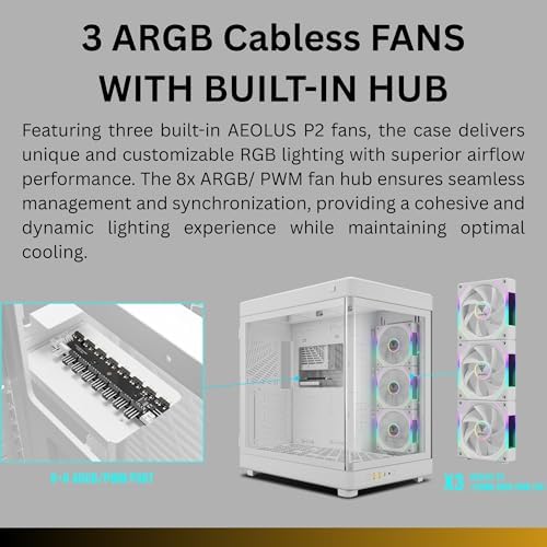 Gamdias Caja de Computadora RGB de Vidrio Templado Blanco para Juegos, Posición Vertical y Horizontal de 2 Maneras y Caja de Computadora de Apertura Táctil con 3 Ventiladores ARGB Integrados, Soporte