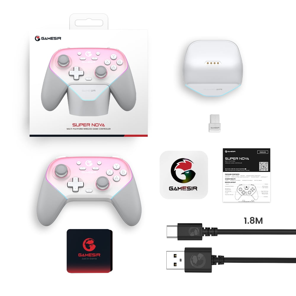 GameSir Super Nova Multi platform Wireless Gaming Controller for PC/Switch/iOS/Android with Smart Auto Start Stop Charging Dock Whipped Pink Version 