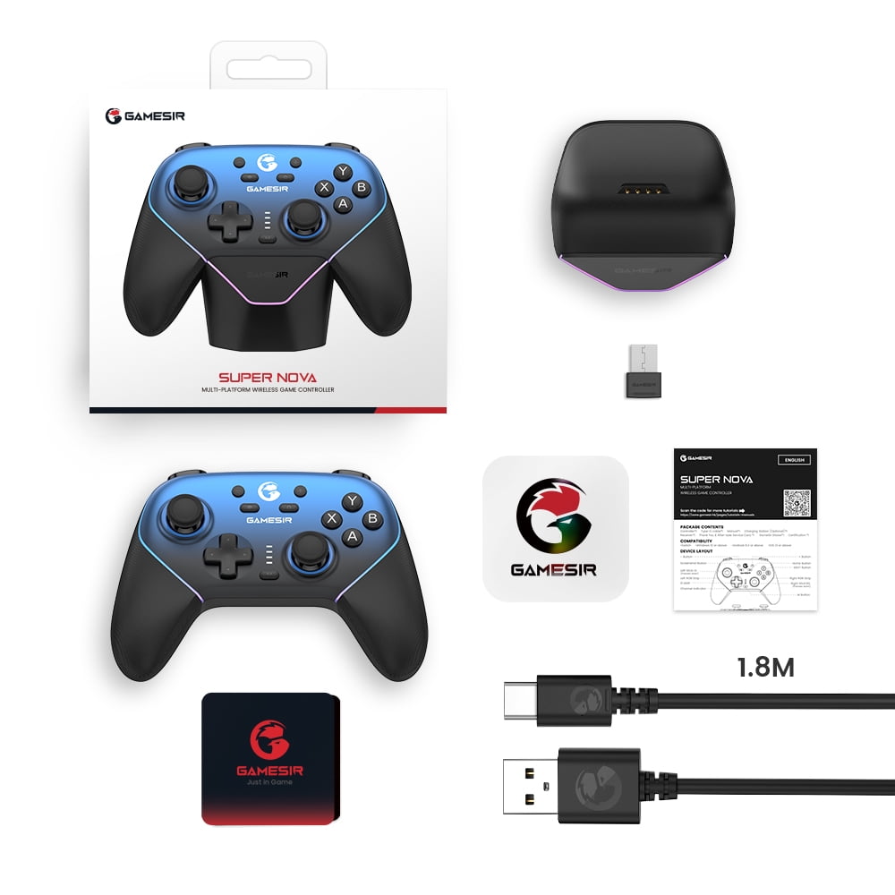 GameSir Super Nova Controlador de Juegos Inalámbrico para PC/Switch2/iOS/Android  Efecto Hall Stick & Gatillo  Empu aduras de Goma  Iluminación RGB  ABXY Intercambiable  Placa Frontal Desmontable  1000mAh con Base de Carga