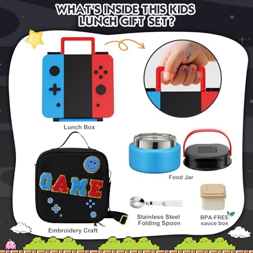 Game Lunch Box for Kids with Thermo 9oz Wide Mouth Stainless Food Jar and Insulated Lunch Bag Leakproof Lunch Box Set for Travel School