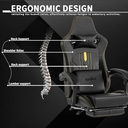 Gaming Chair with Footrest Ergonomic Computer Chair Massage Lumbar Cushion  Racing Video Game Chair Adjustable Rocker Recliner Executive Office Desk Chair Pu Leather for Adults