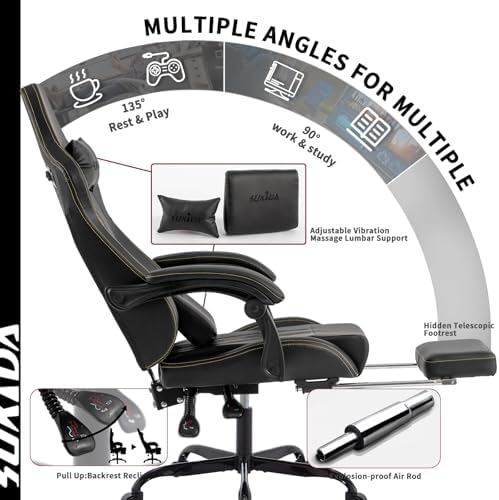 Gaming Chair with Footrest Ergonomic Computer Chair Massage Lumbar Cushion  Racing Video Game Chair Adjustable Rocker Recliner Executive Office Desk Chair Pu Leather for Adults