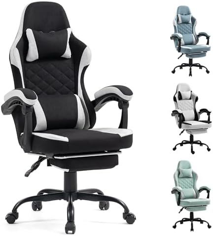 Gaming Chair with Footrest for Adults   Ergonomic Gaming Chairs with Foot Rest   Big and Tall Computer Game Chair   Fabric Reclining Video Game Chairs with Spring Cushion   Black/Light Grey