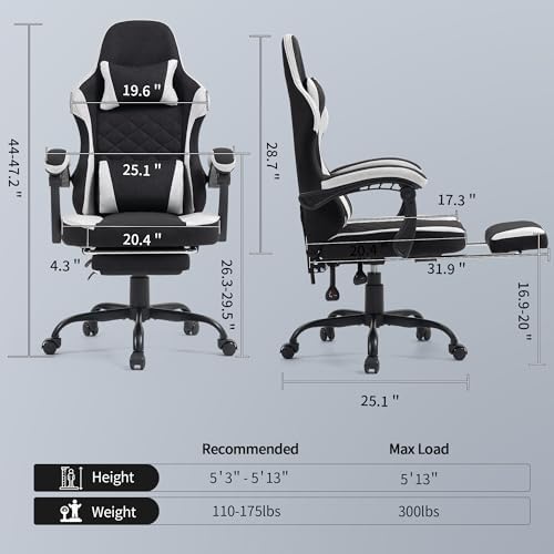 Gaming Chair with Footrest for Adults   Ergonomic Gaming Chairs with Foot Rest   Big and Tall Computer Game Chair   Fabric Reclining Video Game Chairs with Spring Cushion   Black/Light Grey