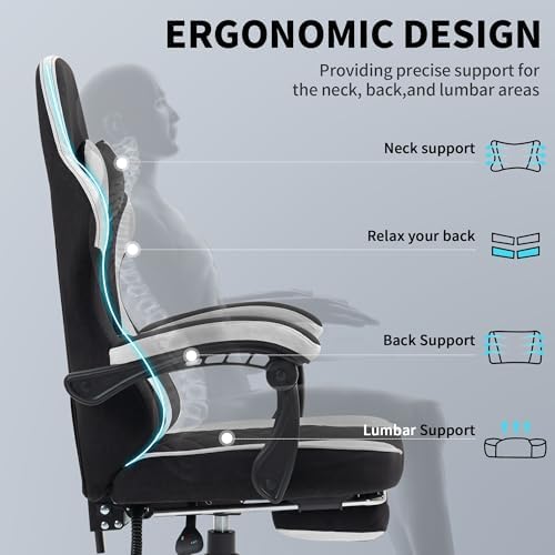 Gaming Chair with Footrest for Adults   Ergonomic Gaming Chairs with Foot Rest   Big and Tall Computer Game Chair   Fabric Reclining Video Game Chairs with Spring Cushion   Black/Light Grey