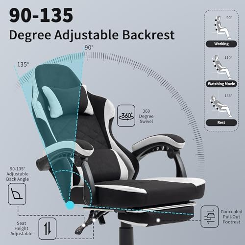 Gaming Chair with Footrest for Adults   Ergonomic Gaming Chairs with Foot Rest   Big and Tall Computer Game Chair   Fabric Reclining Video Game Chairs with Spring Cushion   Black/Light Grey