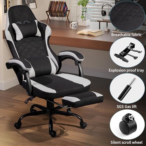 Gaming Chair with Footrest for Adults   Ergonomic Gaming Chairs with Foot Rest   Big and Tall Computer Game Chair   Fabric Reclining Video Game Chairs with Spring Cushion   Black/Light Grey