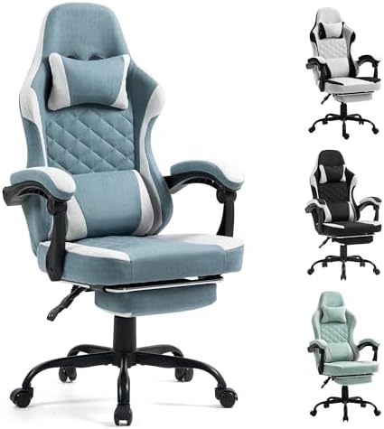 Gaming Chair with Footrest for Adults   Ergonomic Gaming Chairs with Foot Rest   Big and Tall Computer Game Chair   Fabric Reclining Video Game Chairs with Spring Cushion   Black/Light Grey