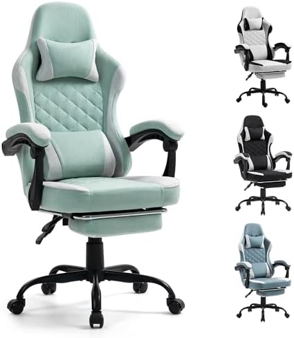 Gaming Chair with Footrest for Adults   Ergonomic Gaming Chairs with Foot Rest   Big and Tall Computer Game Chair   Fabric Reclining Video Game Chairs with Spring Cushion   Black/Light Grey