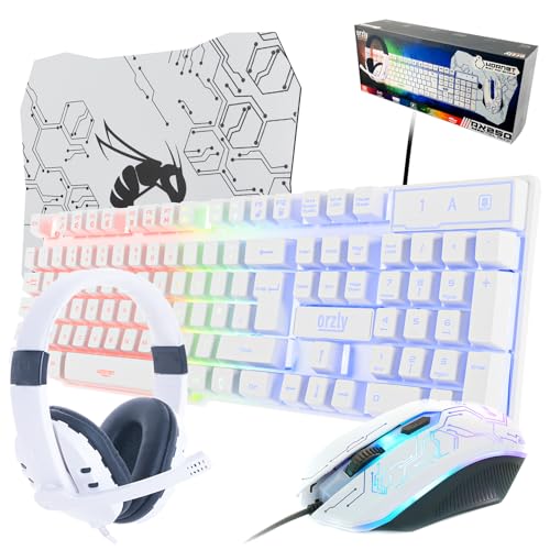 Gaming Keyboard and Mouse and Gaming Headset & Mouse Pad  Wired LED RGB Backlight Bundle for PC Gamers Users   4 in 1 White Edition Hornet RX 250