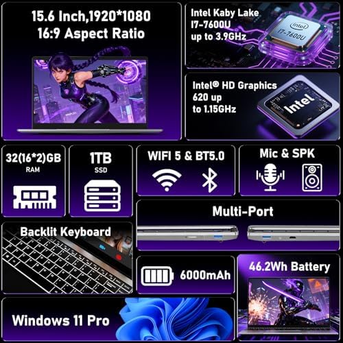 Gaming Laptop Computer Windows 11 Pro Lap Top PC for Gaming 2026 32GB RAM 1TB SSD Intel Core i7 Processor Up to 3 9GHz  15 6 IPS FHD Backlit Keyboard 6000mAh Webcam Office 365 2 Years Warranty